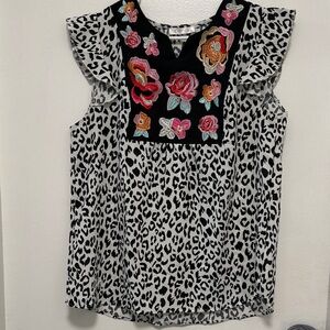 Vibrant Floral Embroidered Leopard Blouse